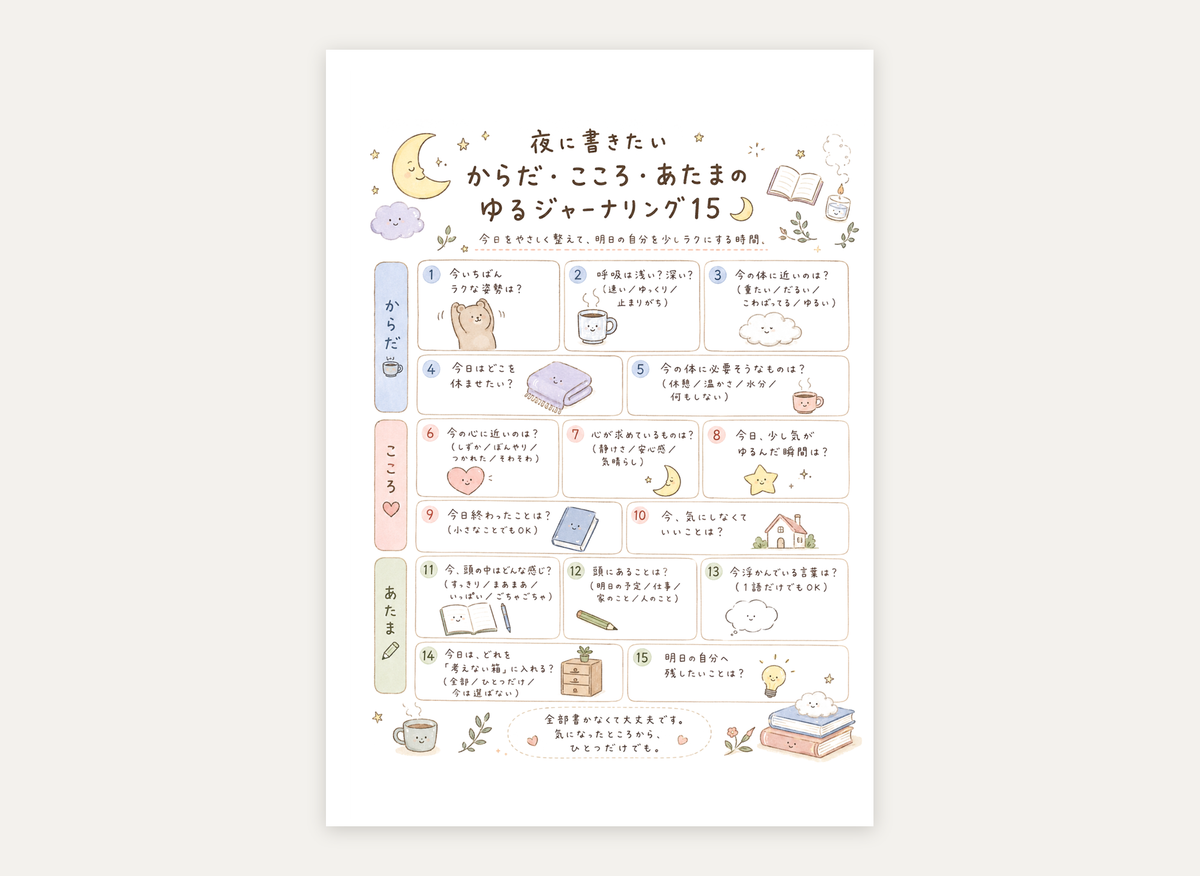 夜に書きたい ゆるジャーナリング15｜からだ・こころ・あたま（カラー・1枚）