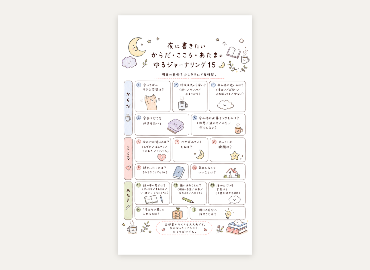 夜に書きたい ゆるジャーナリング15｜からだ・こころ・あたま（カラー・1枚）