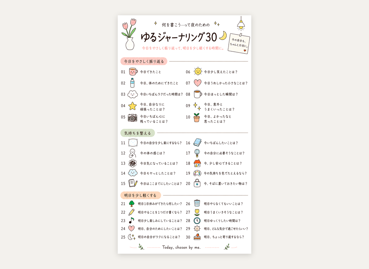 夜に書きたい ゆるジャーナリング30｜からだ・こころ・あたま（カラー・1枚）